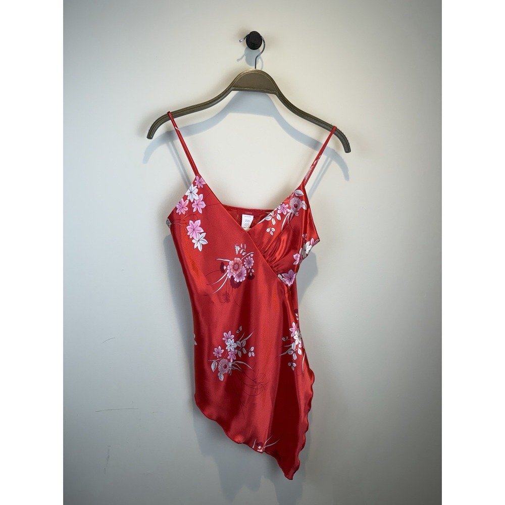 Vintage Y2K NWT Lipslide Silky Satin Red Floral Asymmetrical Strappy Cami Top M